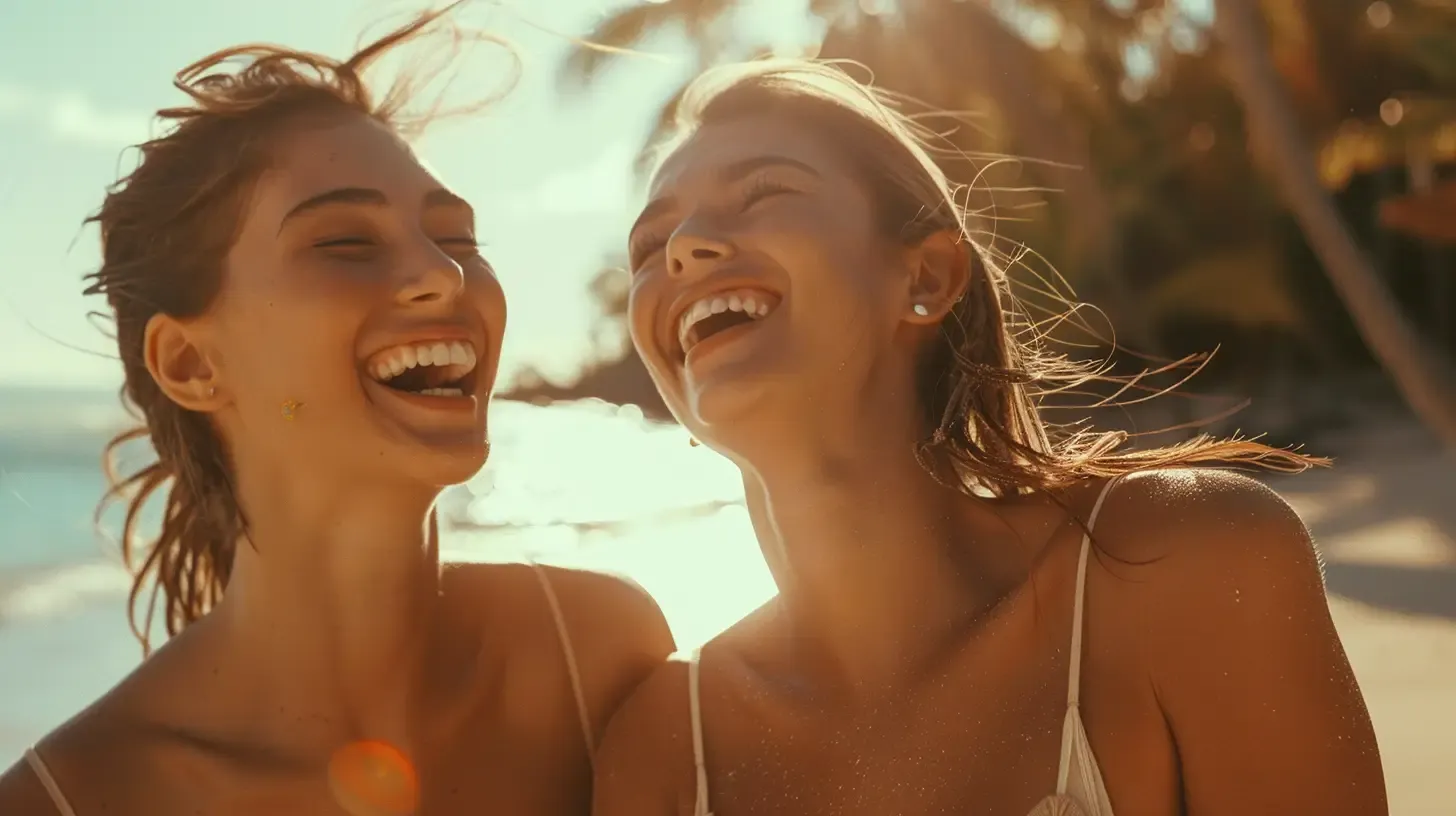 Deux jeunes femmes qui rient au soleil sur une plage