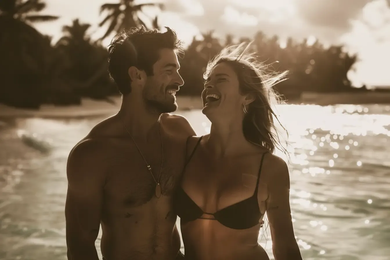 Couple riant dans l’eau au coucher du soleil, sur une plage tropicale