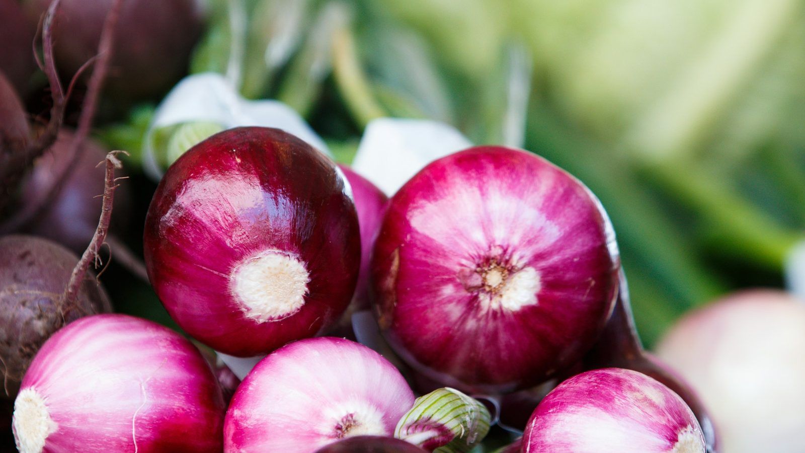 Oignons rouges coupés, pommes et myrtilles à côté de gélules jaunes sur une table en bois